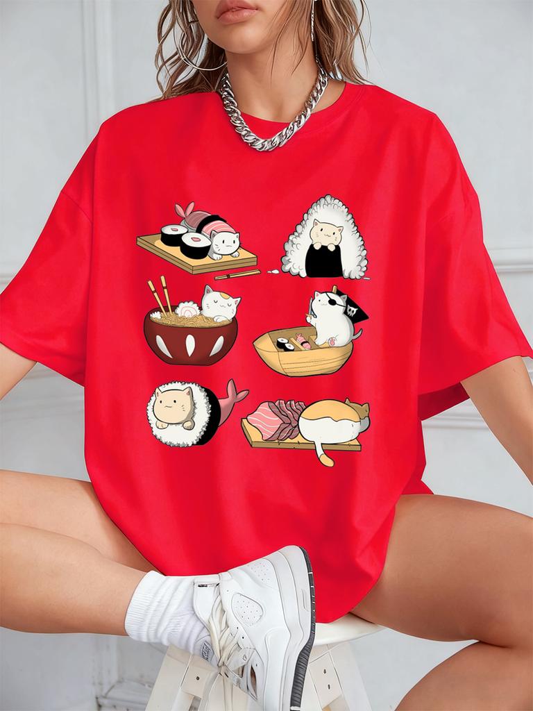 Kawaii Sushi Cats Printing TShirts Womens Summer Cotton Short Sleeve T Shirt Loose ONeck Comfortable Tops Casual Woman Clothes