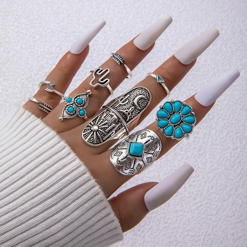 Ethnic style vintage turquoise carved feather ring fashion personality 8-piece combination ring set