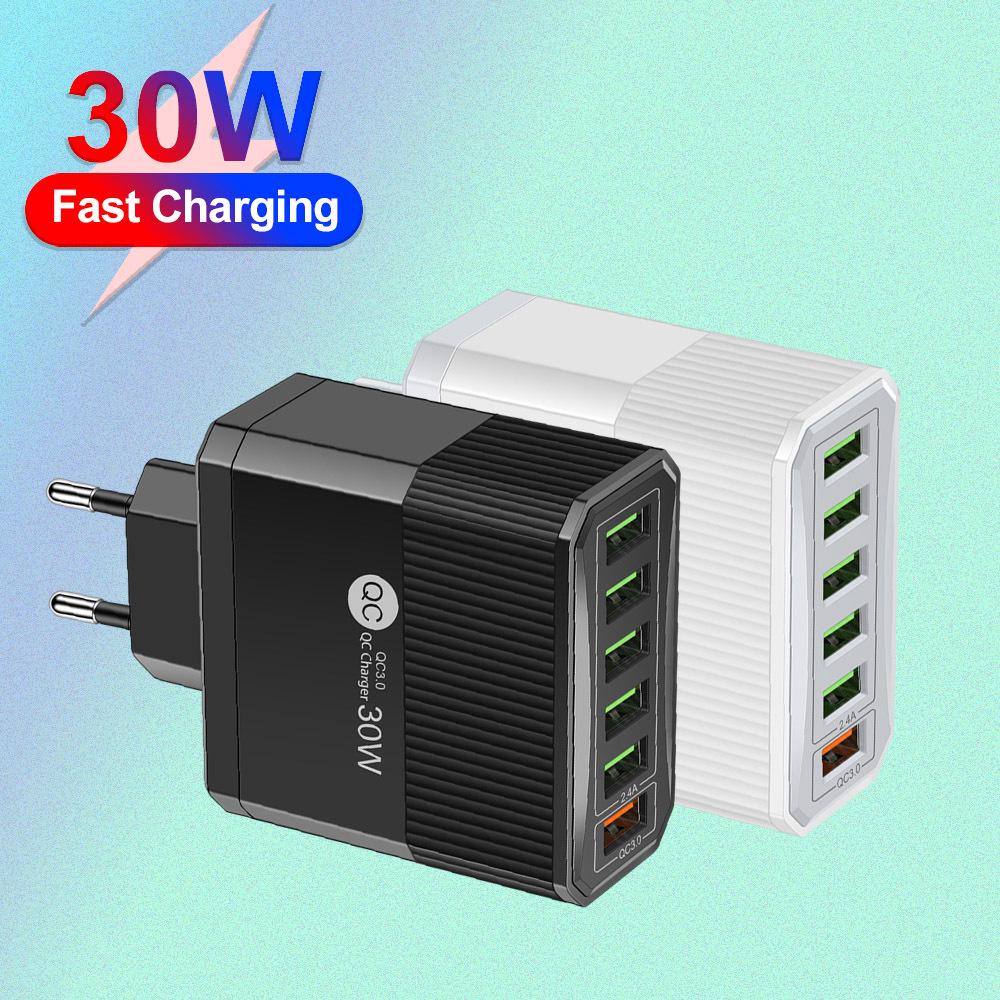 30W 6-Port QC3.0 Multi-Standard Fast Charger (EU/US/UK/KR Plugs)