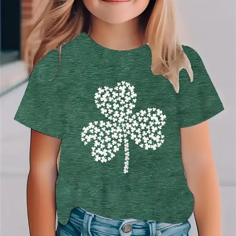 Kids T-shirt 3d Print New Minimalist 3D Printed Small Fresh Clover Pattern Girls' Round Neck Short Sleeved T-shirt