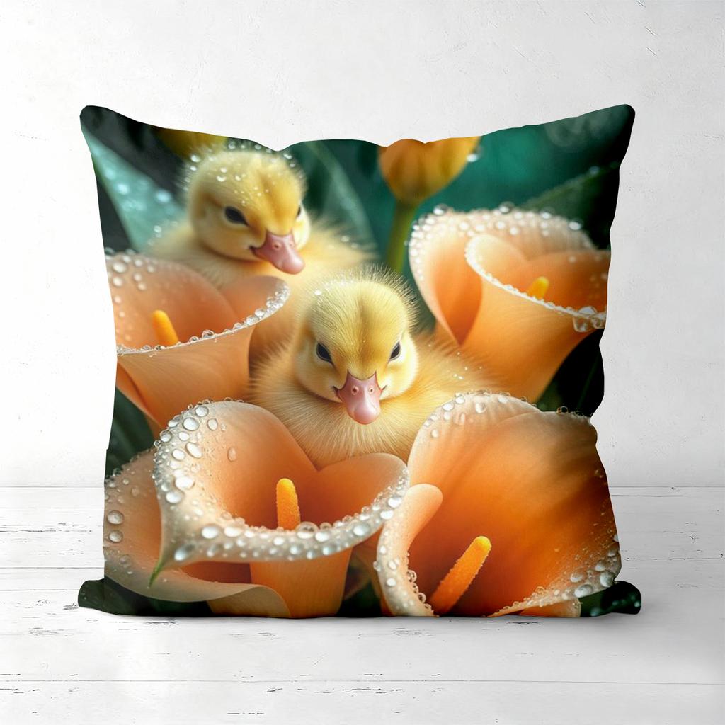 Cute Ducklings Nestled in Orange Lily Pattern Cushions Polyester pillowcase, sofa decorative cushion cov Headboard Pillow
