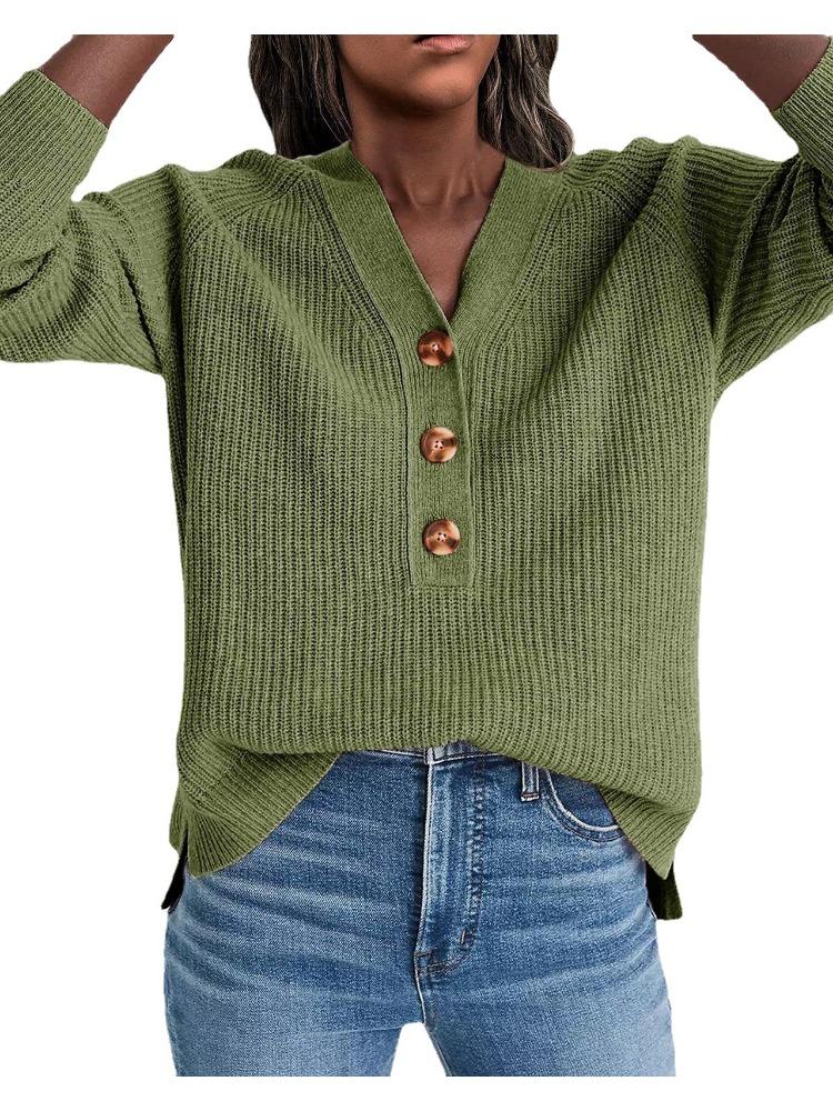 Autumn Winter Women's Button Front Knitted Pullover V Neck Sweater Long Sleeved Knitwear Luxurious Relaxed-fit Slimming and Versatile Top