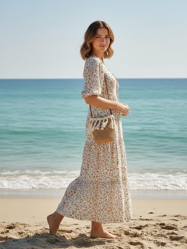 Boho Strand Lässig U-Ausschnitt Kurzarm Damenkleid (2026)