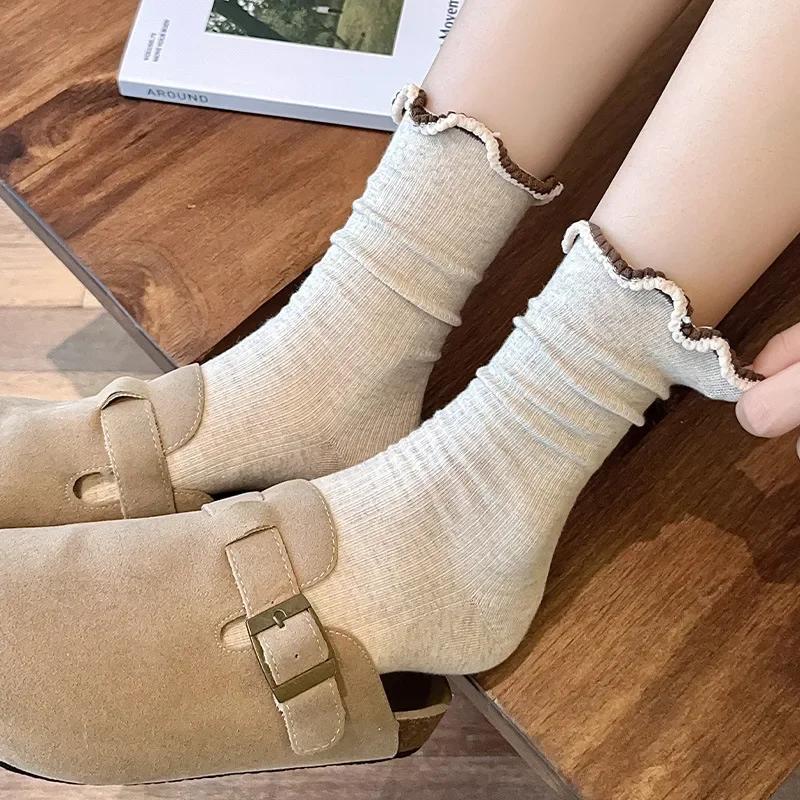 Fashion Girls Lolita Kawaii Cute Middle Tube Socks Sox Sweet Solid Color Black White Gray Long Socks Ruffle Socks Women
