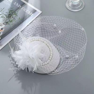 New Elegant Bridal Headwear Vintage Mesh Wedding Veil Hat Temperament Pearl Flower Pillbox Hats For Women Girls