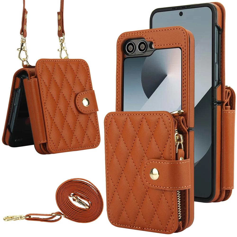 Crossbody Wrist Strap Wallet with Card Holder Phone Case for Samsung Galaxy Z Flip 6 5 4 3 Flip6 Flip5 Flip4 Flip3 Leather Cover