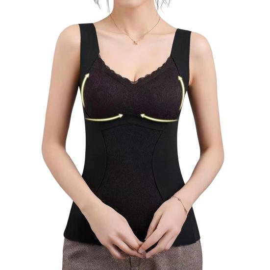 Sleeveless Thermal Tank Top for Women Fleece Lined Lace V Neck Base Layer with Built In Bra Warm Camisole Undershirts for Cold Weather