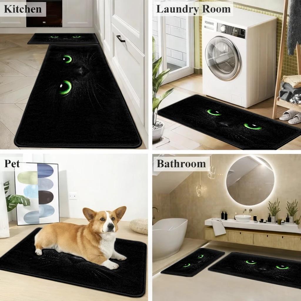 1Pcs Anti Fatigue Kitchen Rugs, Green Eyed Black Cat Print Waterproof Non-Slip Thick Cushioned Kitchen Mat Heavy Duty Comfort Standing Mat for Kitchen