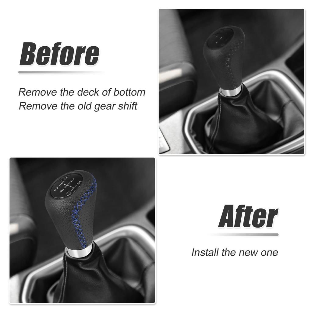 uxcell Black Universal 5-Speed PU Leather Manual Stick Shift Knob Auto Car Gear Lever Shifter with Hole Blue Stitching