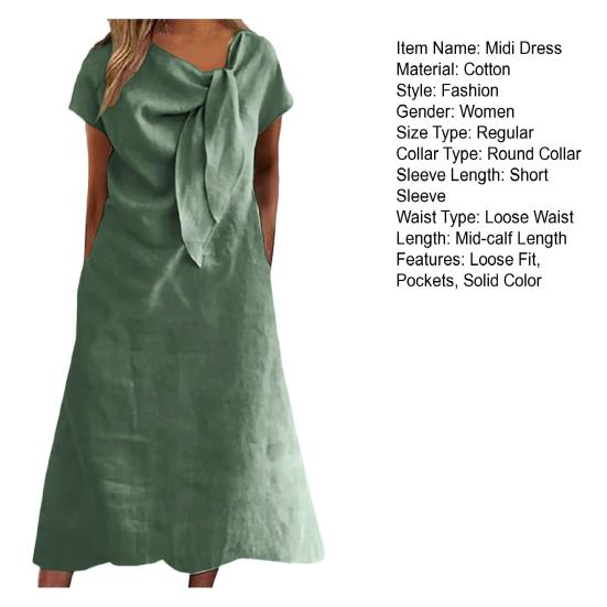Sukienka midi dla kobiet z ozdobnym kołnierzykiem i ramiączkami, z krótkim rękawem, jednokolorowa, luźna, letnia, swobodna sukienka