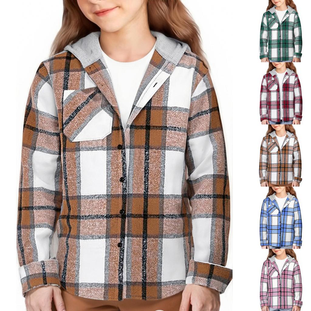 Children's Fashion Hooded Plaid All-match Casual Loose Shirt Long Sleeve Jacket