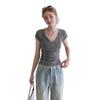 Gray cotton V-neck strap short-sleeved front shoulder T-shirt women's summer new Korean Spice Girl slim-fit design top tide