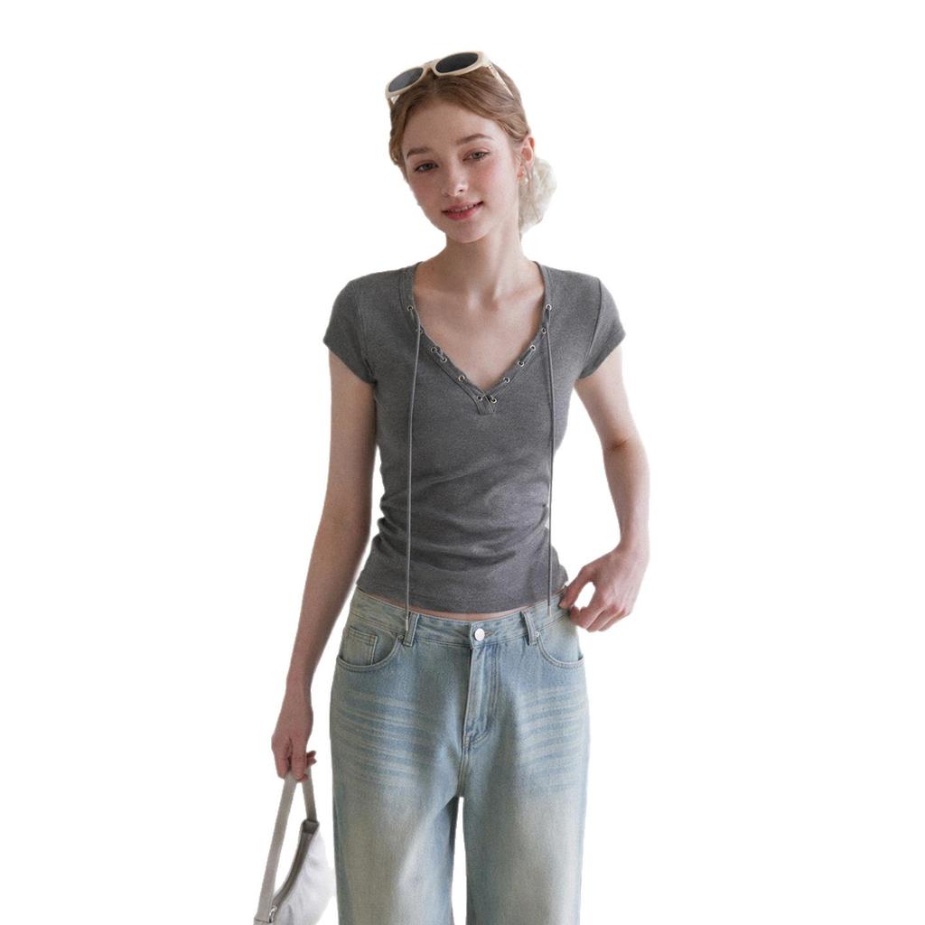 Gray cotton V-neck strap short-sleeved front shoulder T-shirt women's summer new Korean Spice Girl slim-fit design top tide