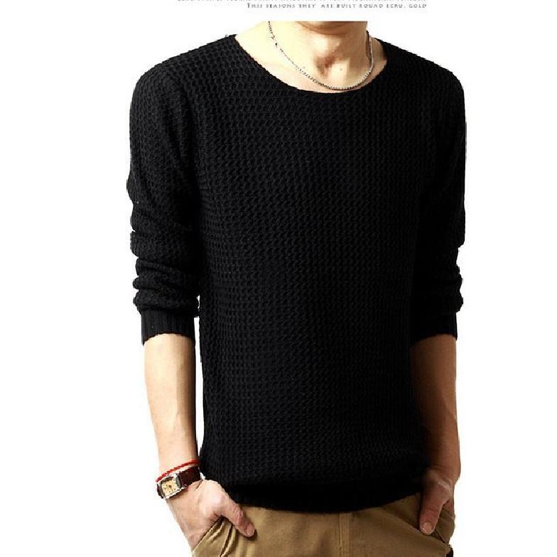 New Autumn Men S Thick Water Ripple Sweater Men S Knitted Sweater Solid Color Fashionable Sweater M чёрный