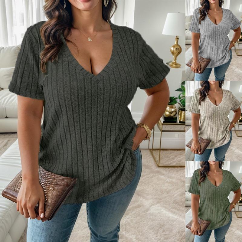 Neue Sommer Plus Größe Frauen T-shirt Casual V-ausschnitt Lose Kurzarm Strick Bluse Weibliche Solide Pit Streifen Büro Dame Shirts Tops 24124