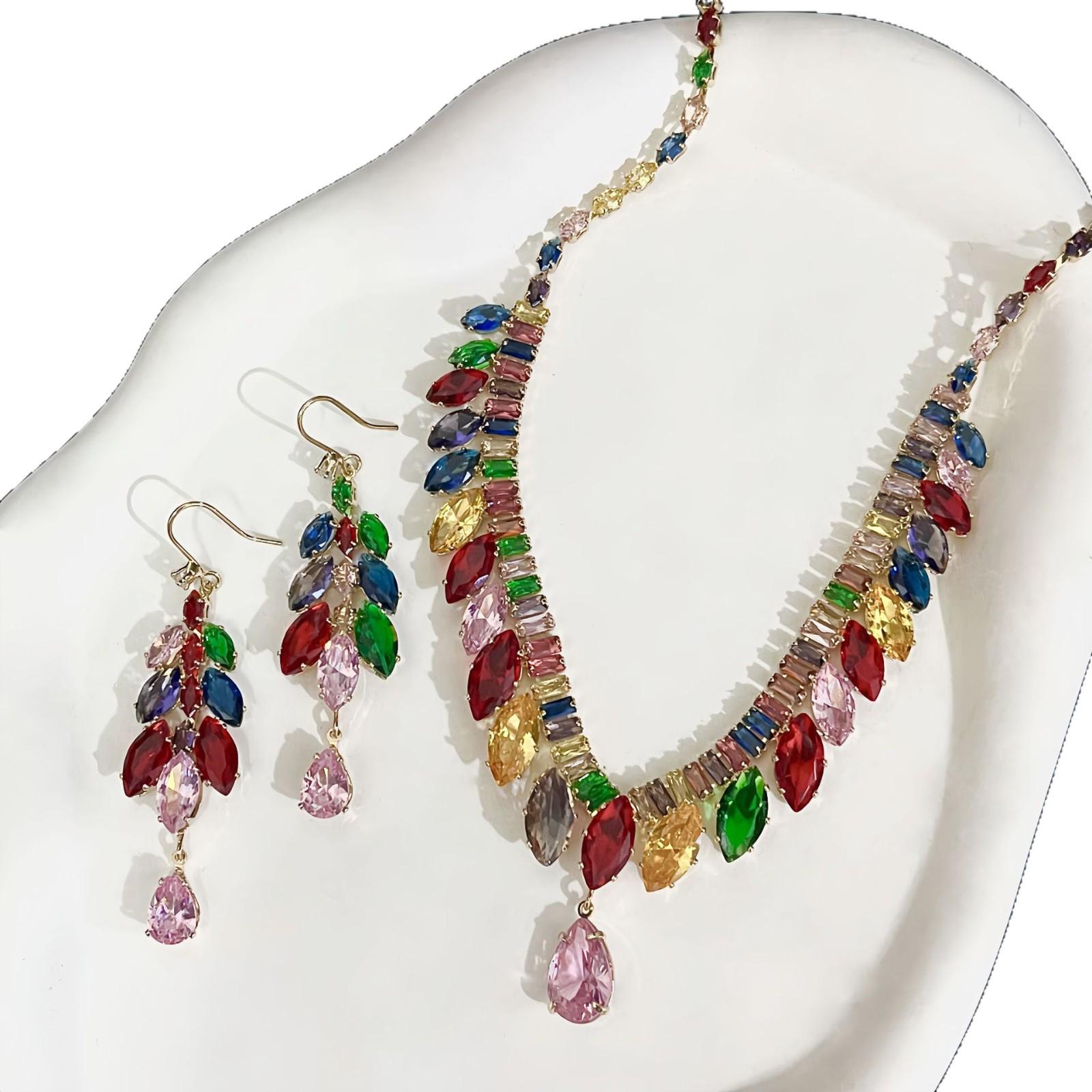 Elegant European & American Style Zirconia Necklace & Earring Set - Wheat Ear Design
