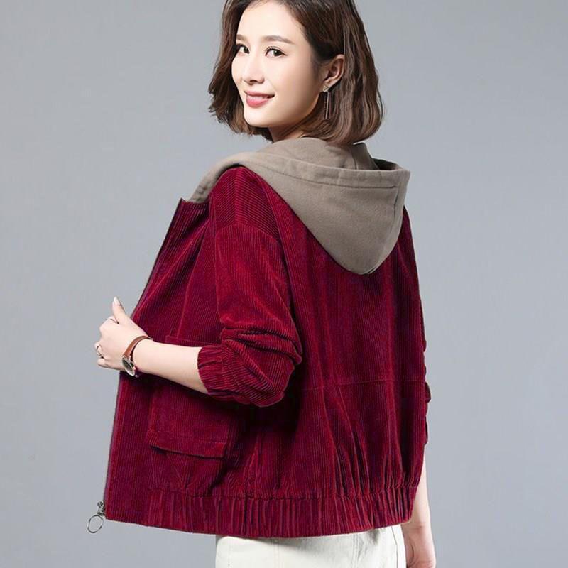 Women's Corduroy Jacket Spring Autumn Loose Mom Korean Version Hooded Short Thin Coat Large Size Casual Style