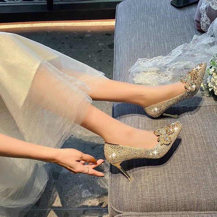 Wedding Shoes Women's Brides Bridesmaids Crystal Shoes Etiquette Wedding Sequins Fine Heels Rhinestones Women's High Heels