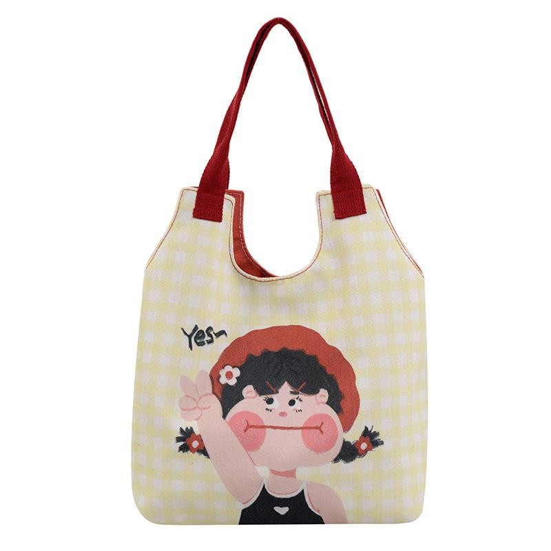 2025 Cartoon Illustration Canvas Bag Female Office Worker Large Capacity Funny Graffiti Handheld Shoulder Bag