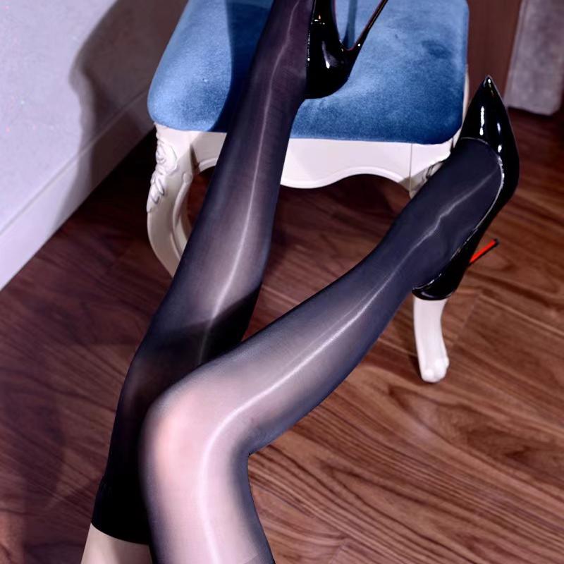 Women's Anti Slip Silicone Stockings Patchwork Contrast Color Rib Cut Top High Thigh Women 8D Oil Shiny Transparent Female Socks