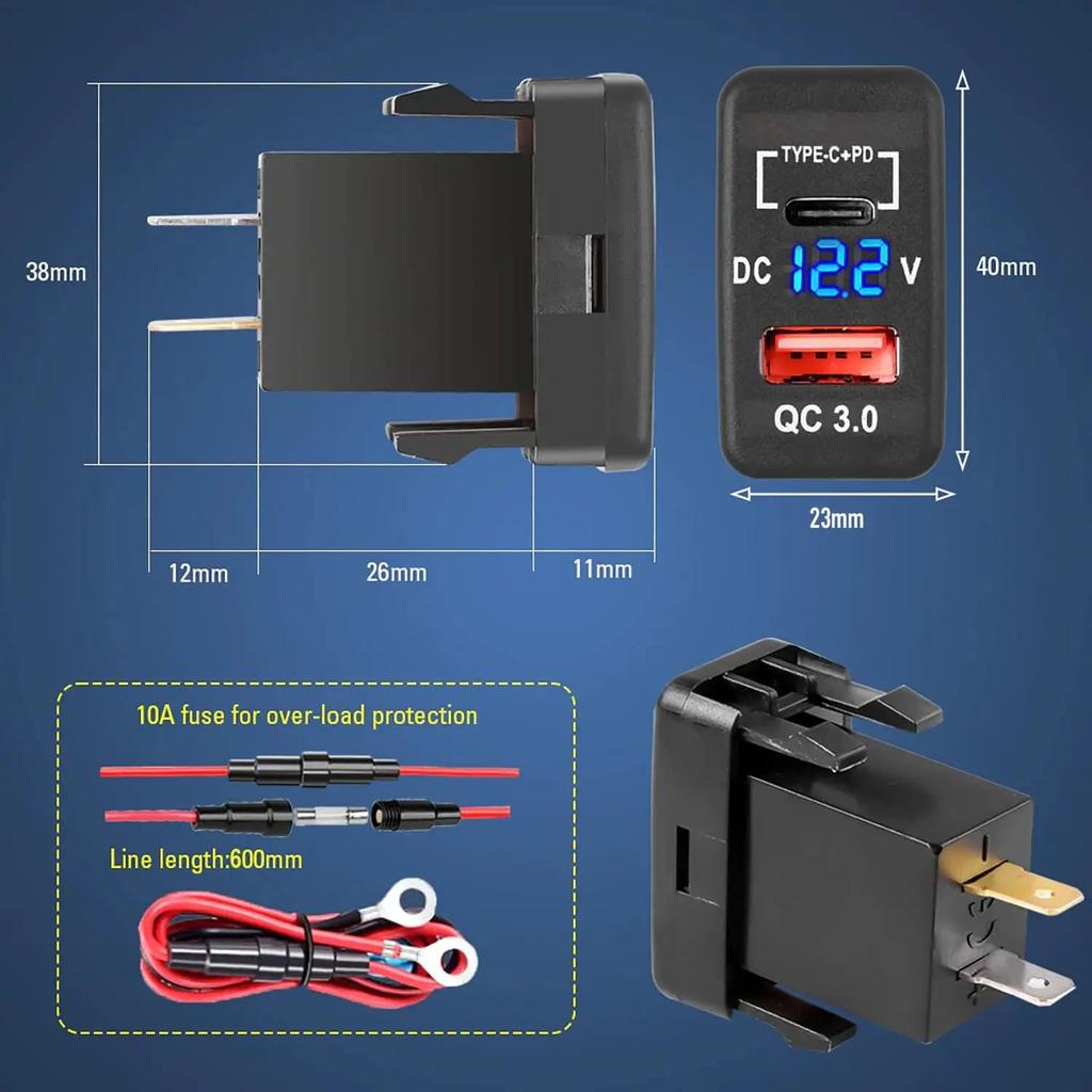 USB Car Charger Socket Quick Charge 3.0 & PD USB C Port Power Outlet Adapter for 12V/24V Toyota Vehicles
