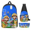 Animation Backpack, Super Mary Primary School Student Print Children'S Backpack Satchel Pencil Case Three-Piece Set