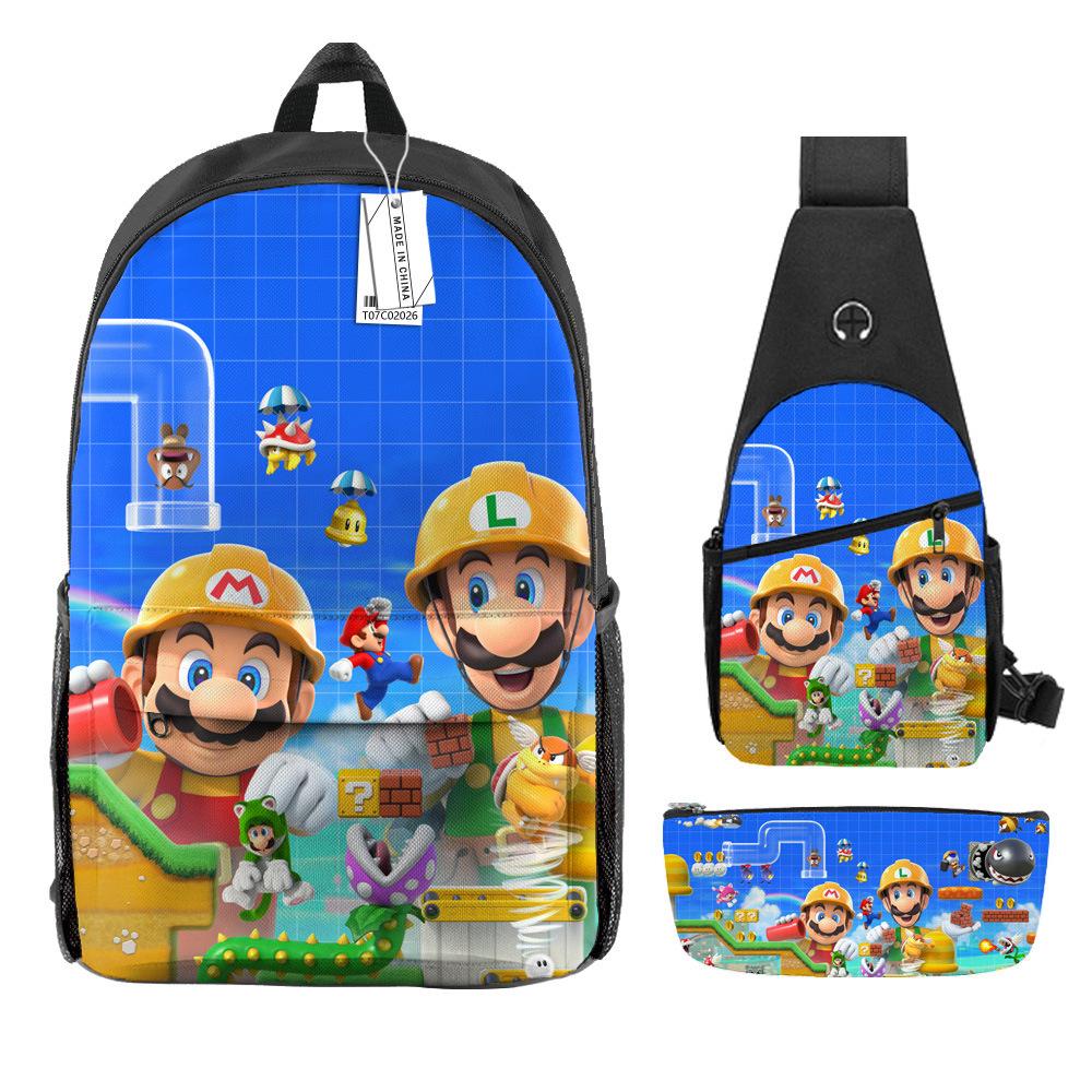 Animation Backpack, Super Mary Primary School Student Print Children'S Backpack Satchel Pencil Case Three-Piece Set