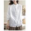 Women Stand Collar Button Front Long Sleeve Linen Shirt Loose Breathable Casual Blouse