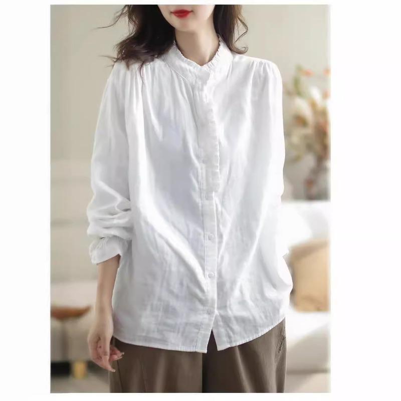 Women Stand Collar Button Front Long Sleeve Linen Shirt Loose Breathable Casual Blouse