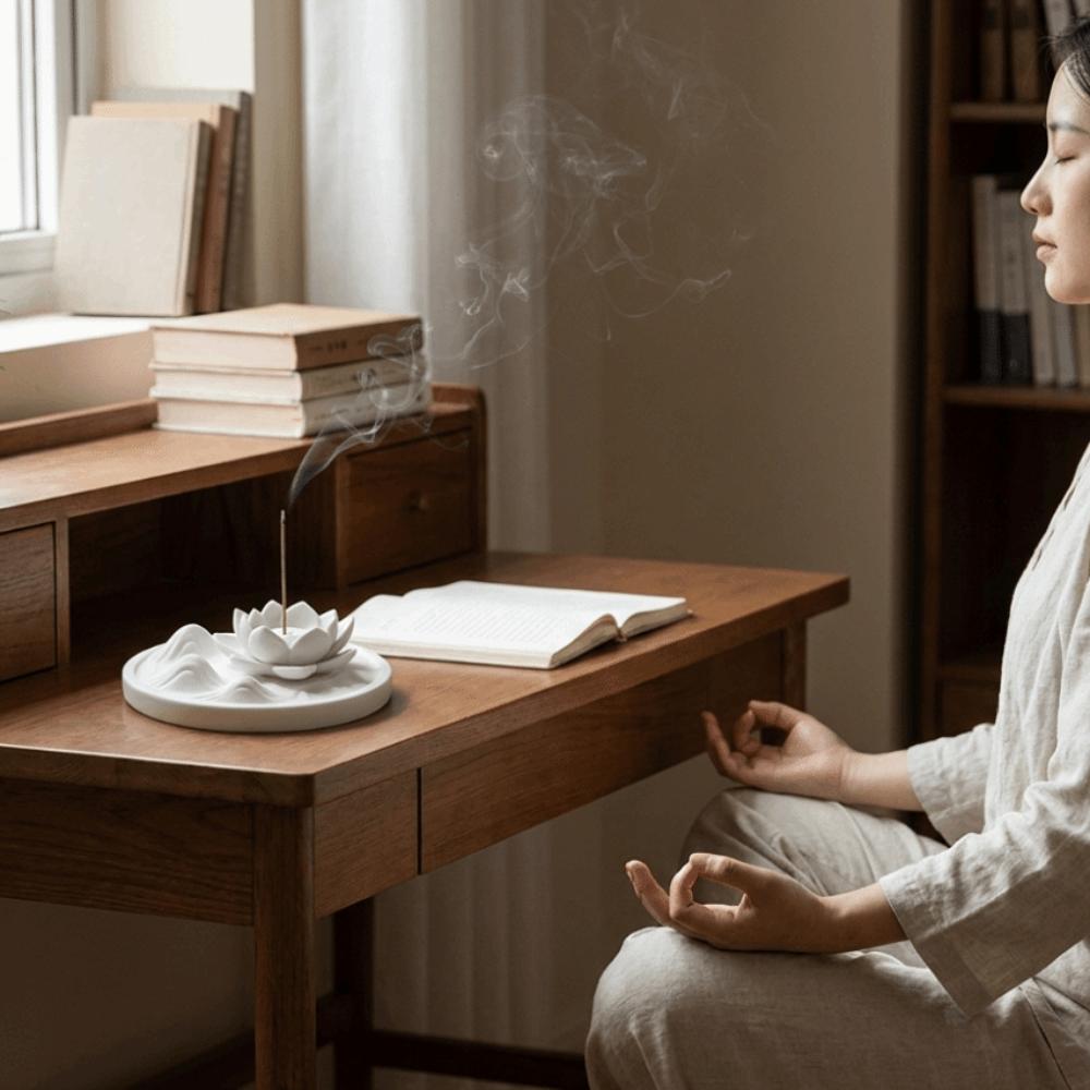Chinese Zen Style Lotus Incense Burner Flat Bottom Tabletop Incense Base Meditation Room