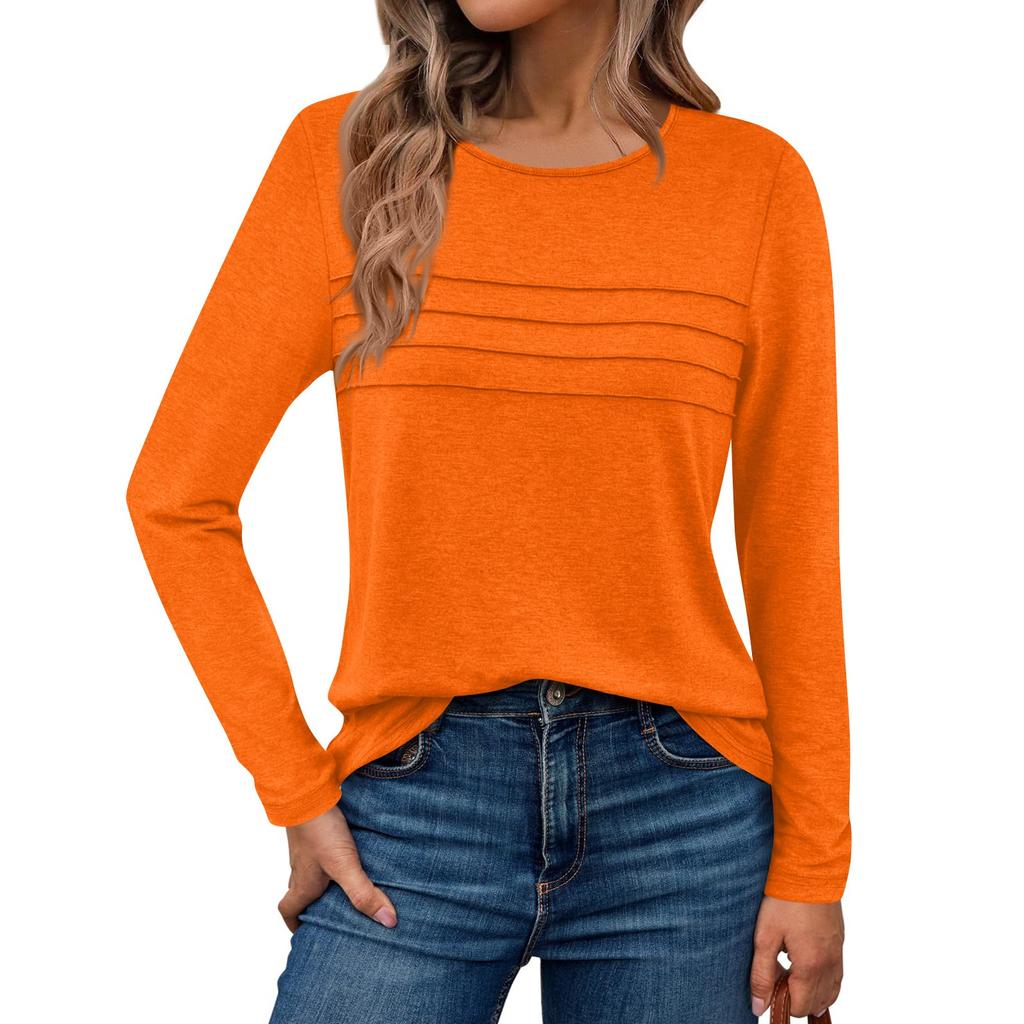 Long Sleeve Shirts For Women Pleated Color Casual Blouses Fashion Basic Round Tops