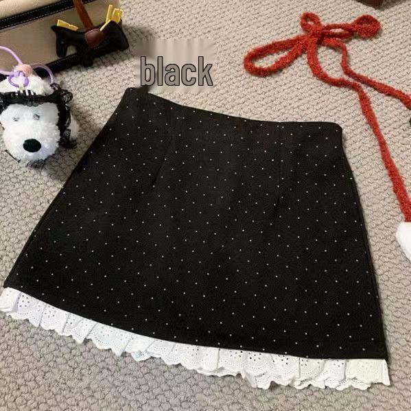 2025 Spring/Summer High-Waisted Polka Dot A-Line Bodycon Midi Skirt with Lace Patchwork & Sweet Style.