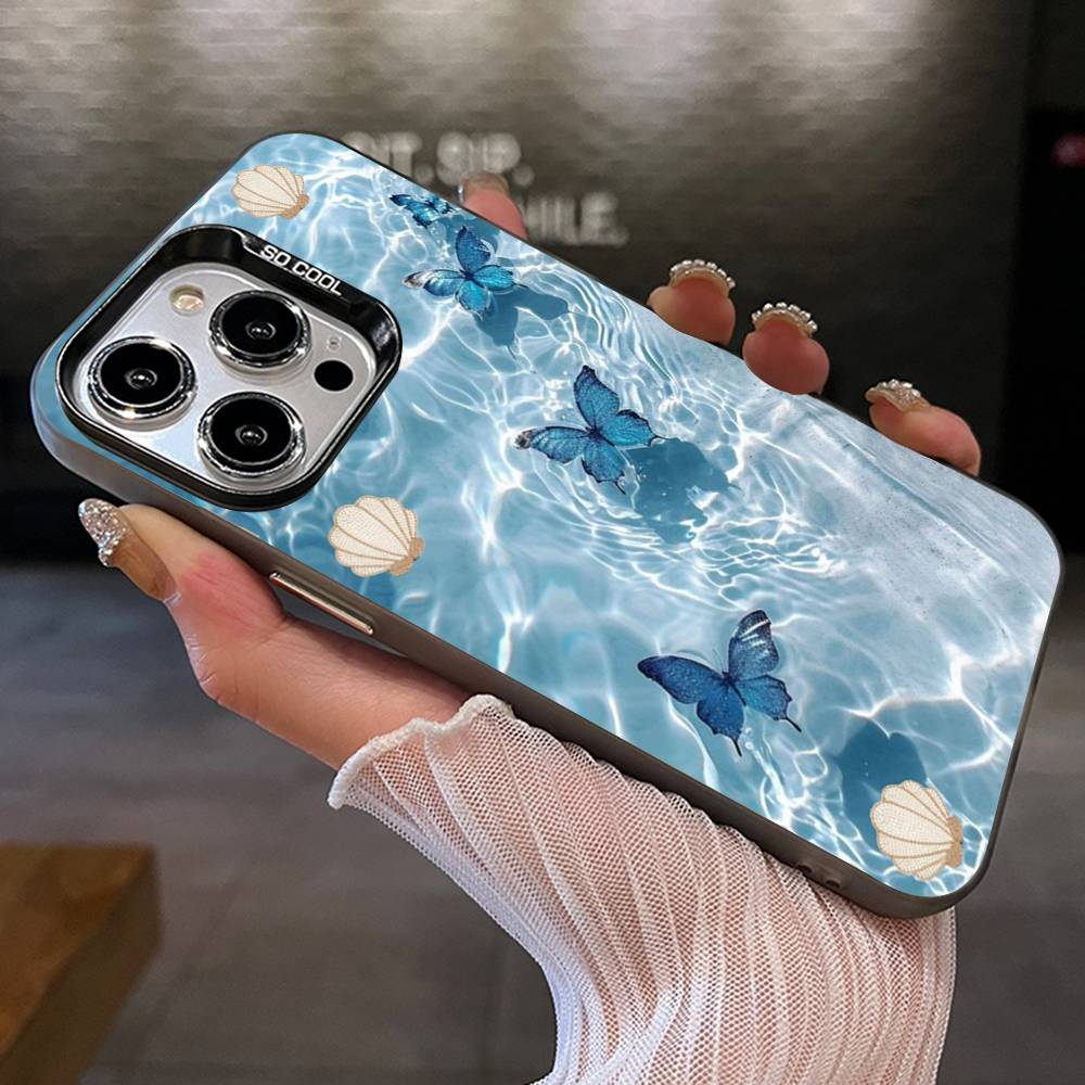 Blue Butterfly Ocean Waves Phone Case For iPhone 17 16 15 14 13 12 11 XS XR X Pro Max Plus Colored Silver Plated Cover