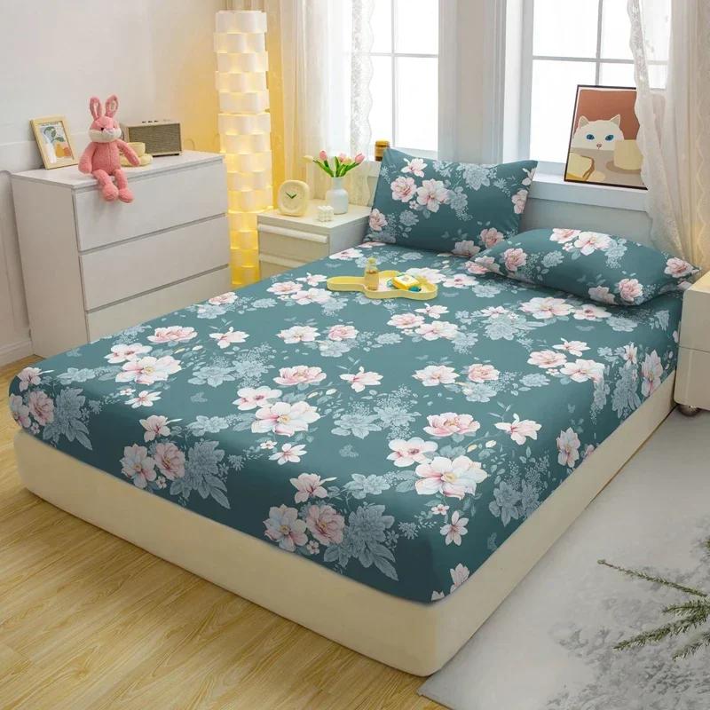 Simple 1 Modern Plant Flower Printed Matte Fitted Sheet, Bedroom Printed Bed Cover, Bedding Excluding Pillowcases