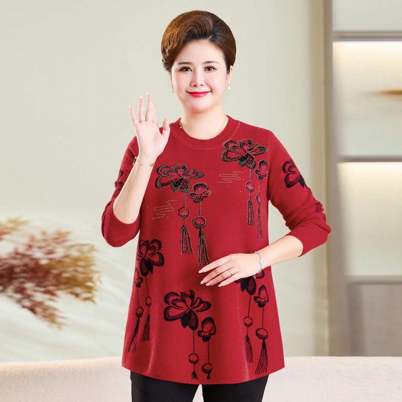 

220 Jin Plus Size Round Neck Wool Sweater - Autumn/Winter Long Sleeve Knitwear for Middle-Aged and Elderly Women 6XL (80-90 kg) червоний