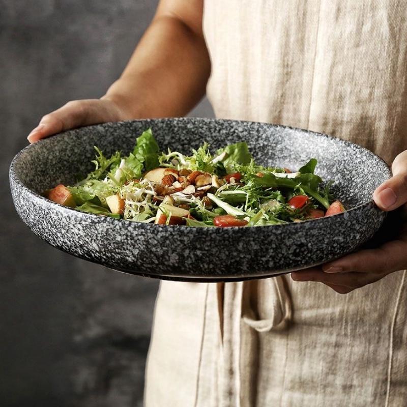 Multifunction Black Circle Dinner Plate Creative Salad Bowl Ceramic Dessert Tray Steak Pasta Dish Dinnerware Microwave Safe