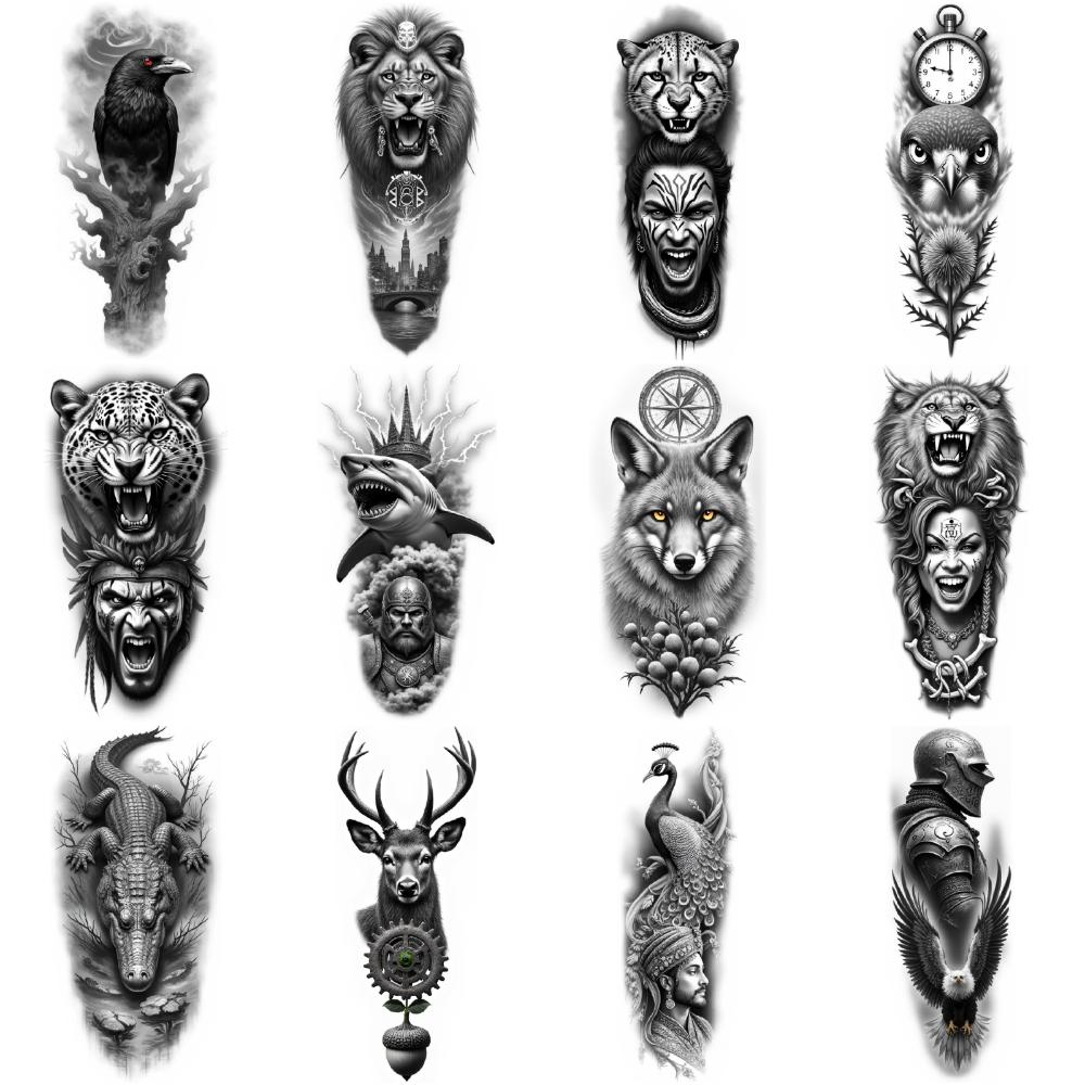 12pcs Temporary Tattoo Waterproof Long-lasting Body Stickers Knight Dragon Peacock For Thigh Male Arm
