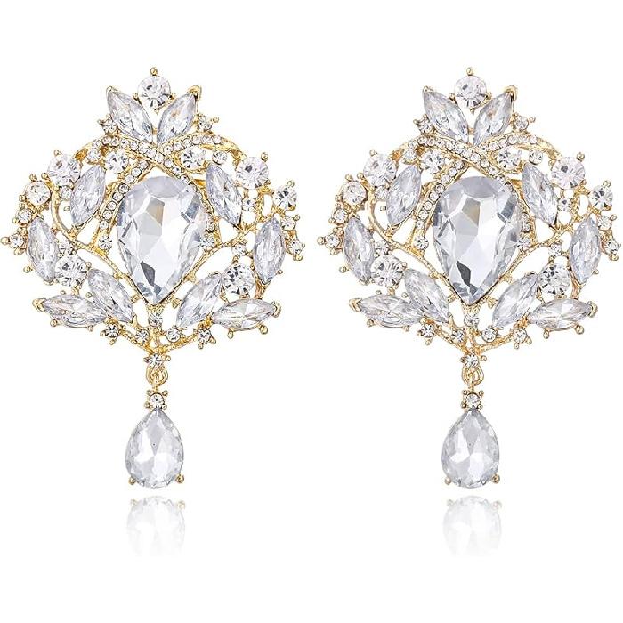 2 Pieces Crystal Rhinestone Marquise Pear-Shaped Teardrop Flower Brooch Pin Set for Women