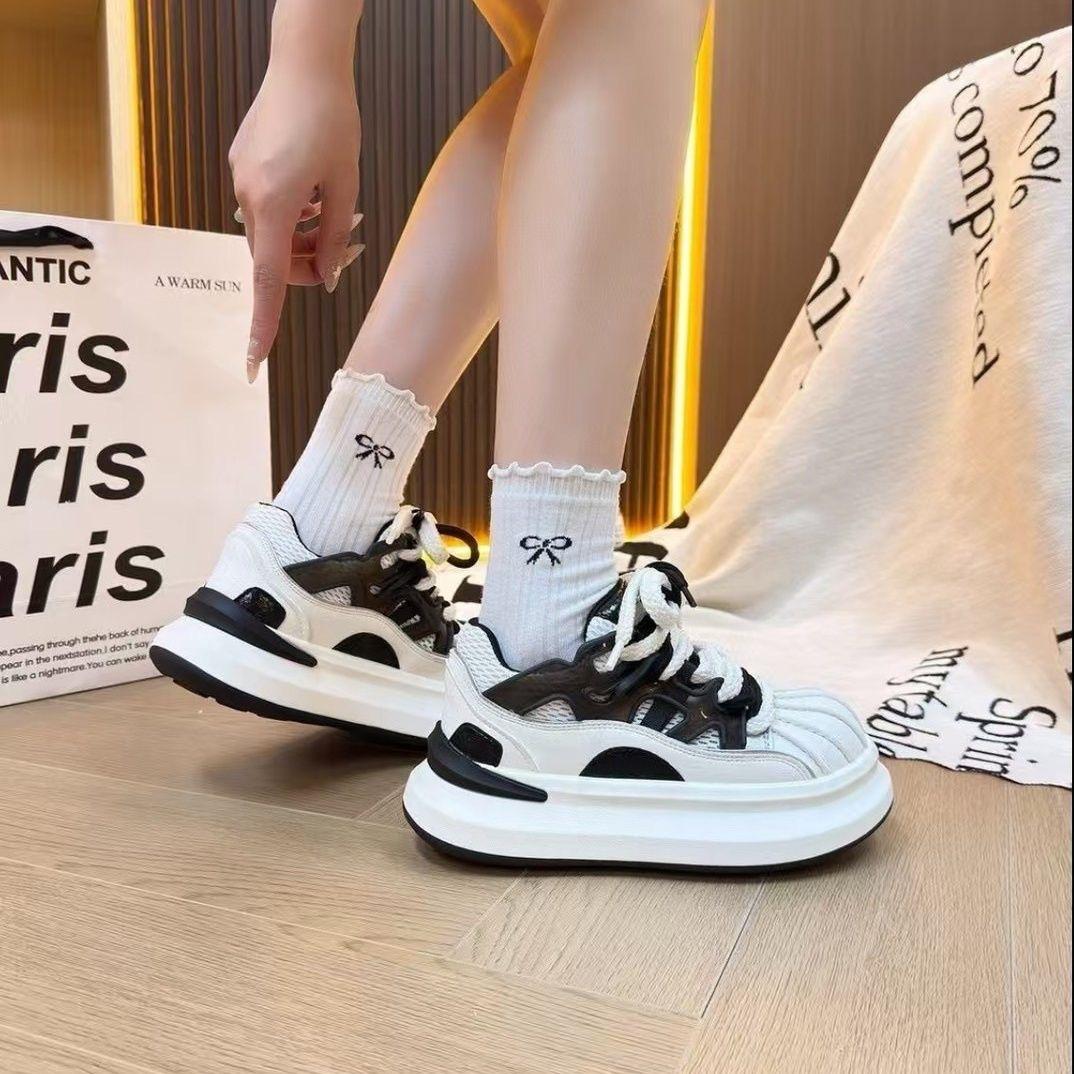 

Versatile Women Thick Bottom Sport Shoes Fashion Spring Breathable Wear-resistant Casual Shoes Small White Shoes Womens Sneakers 35 чёрный