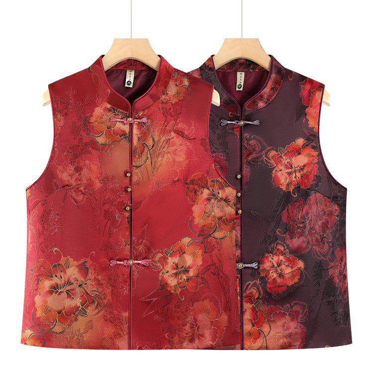 Plus Size Floral Two-Tone Stand Collar Vest for Middle-Aged and Elderly Women - Spring & Autumn Style
