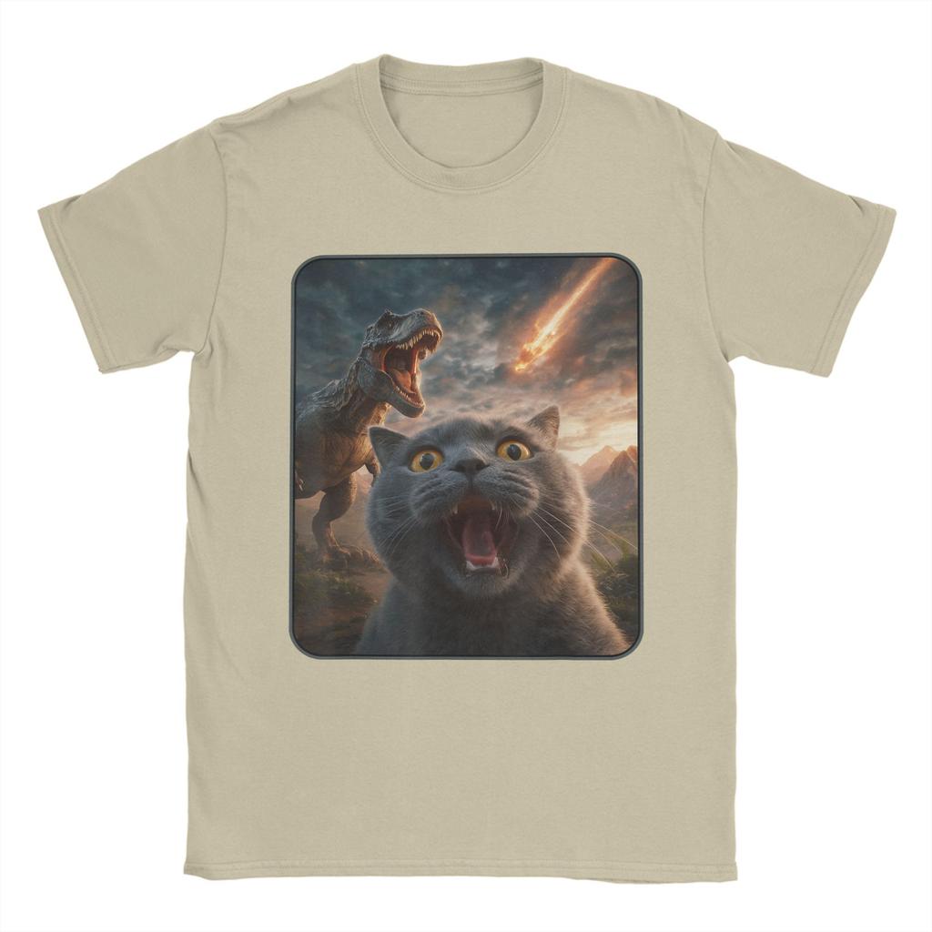Vintage T-Shirt Cat with T-Rex Dinosaur Funny Cat T Rex Shirt Meme T-Shirts  Novelty Tee Shirt for Summer Short Sleeve Clothing