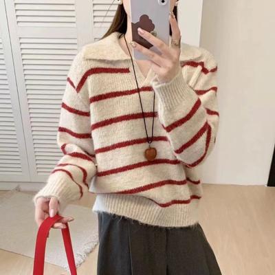 Lapel Pullover Sweater Women's Spring and Autumn New Simple Contrasting Stripes Lazy Versatile Loose Knitted Sweater