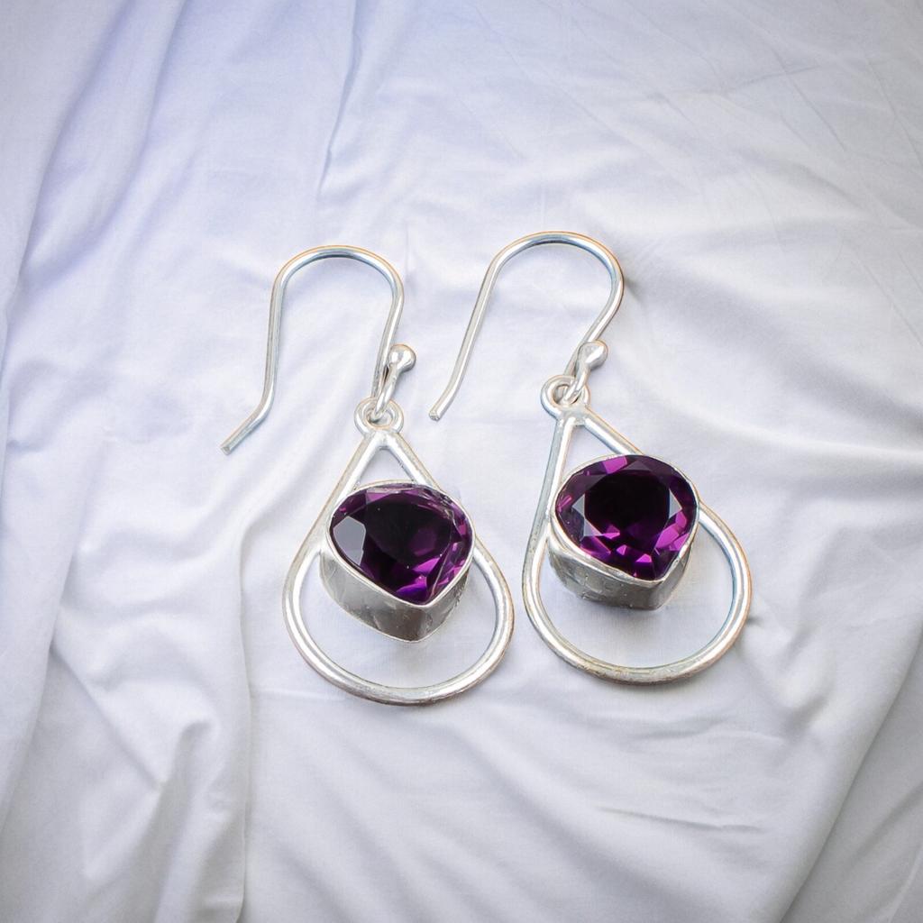 Natural Amethyst Gemstone 925 Sterling Silver Jewelry Handcrafted Earrings 1.50" EE-38-3