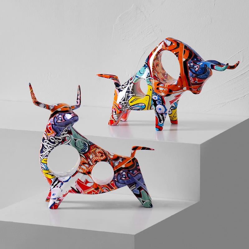 Colorful Cattle Animal Ox Statue Home Decor Living Room Bull Sculpture TV Cabinet Ornament Crafts Abstract Figurine