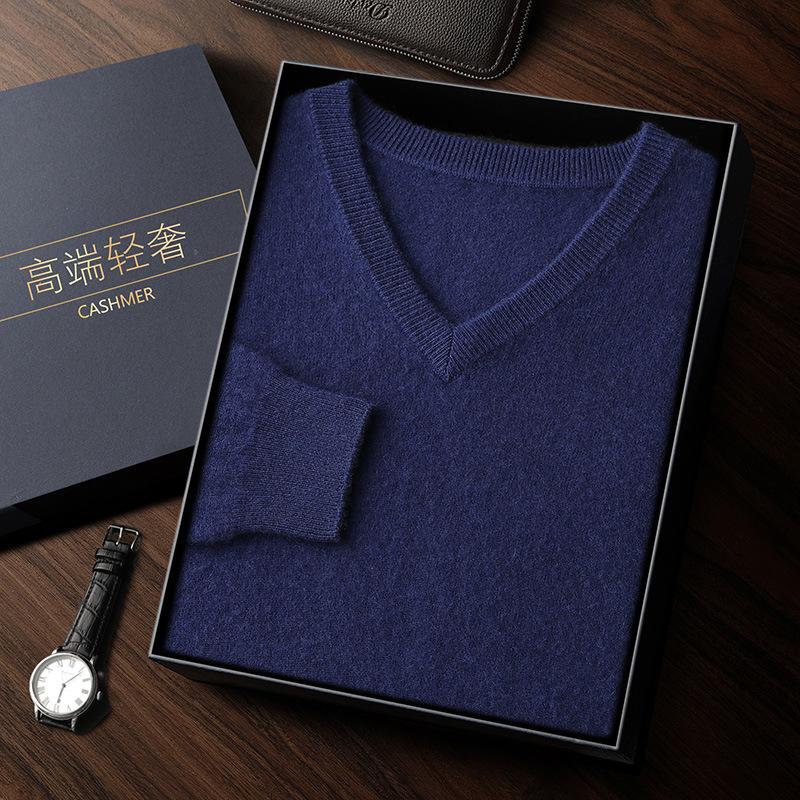New solid color V-neck cashmere sweater men's long-sleeved pullover loose sweater with wool sweater inside