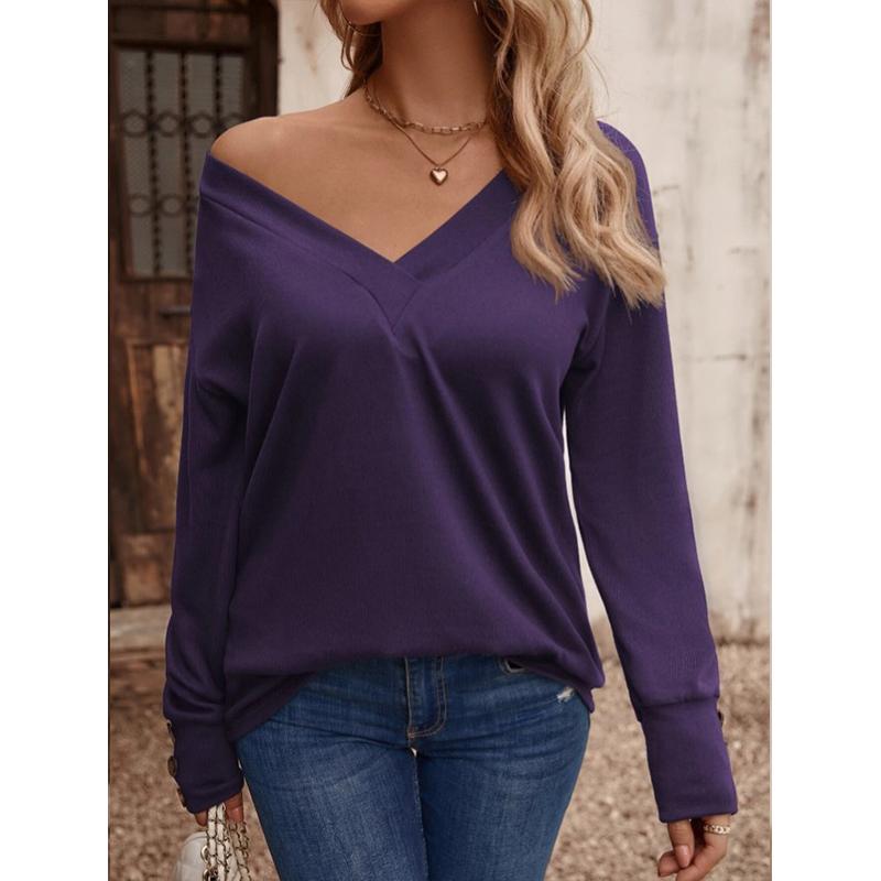 Women's V-Neck Button Down Shirt 2025 Fall Winter Long Sleeve Loose Fit Casual Top Blouse
