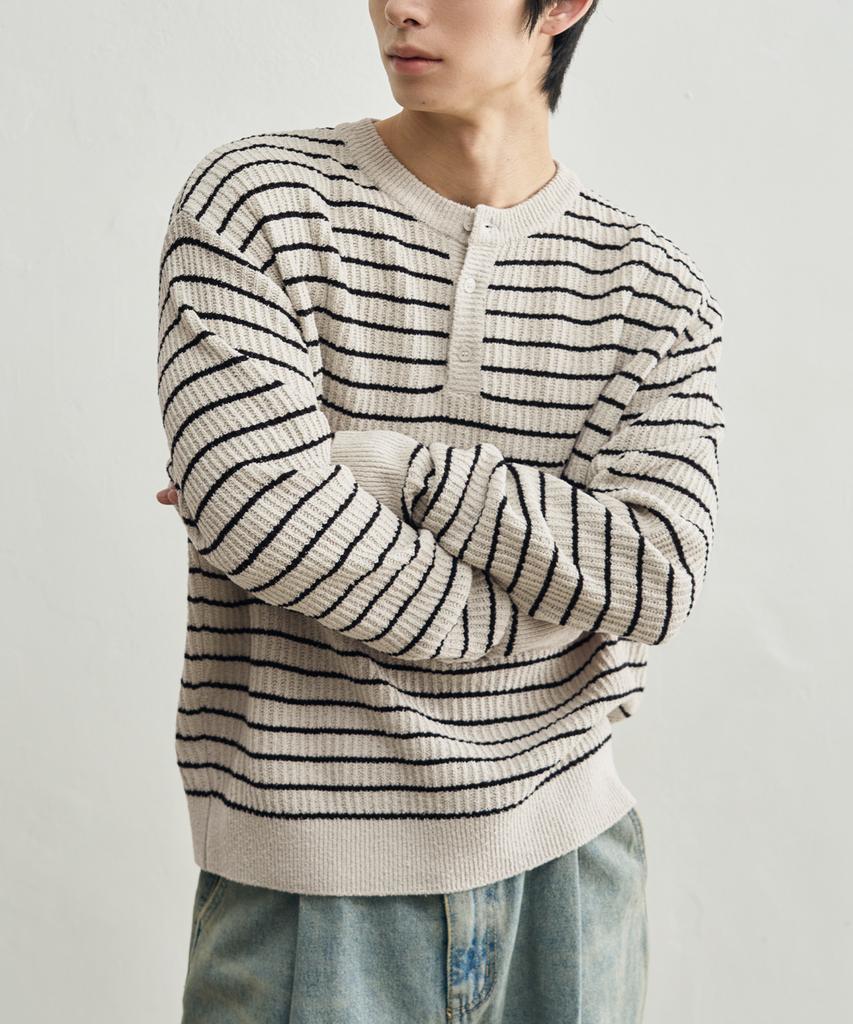 ROTEMBER Low Stripe Henley Neck Crop Knit [Cream Beige]