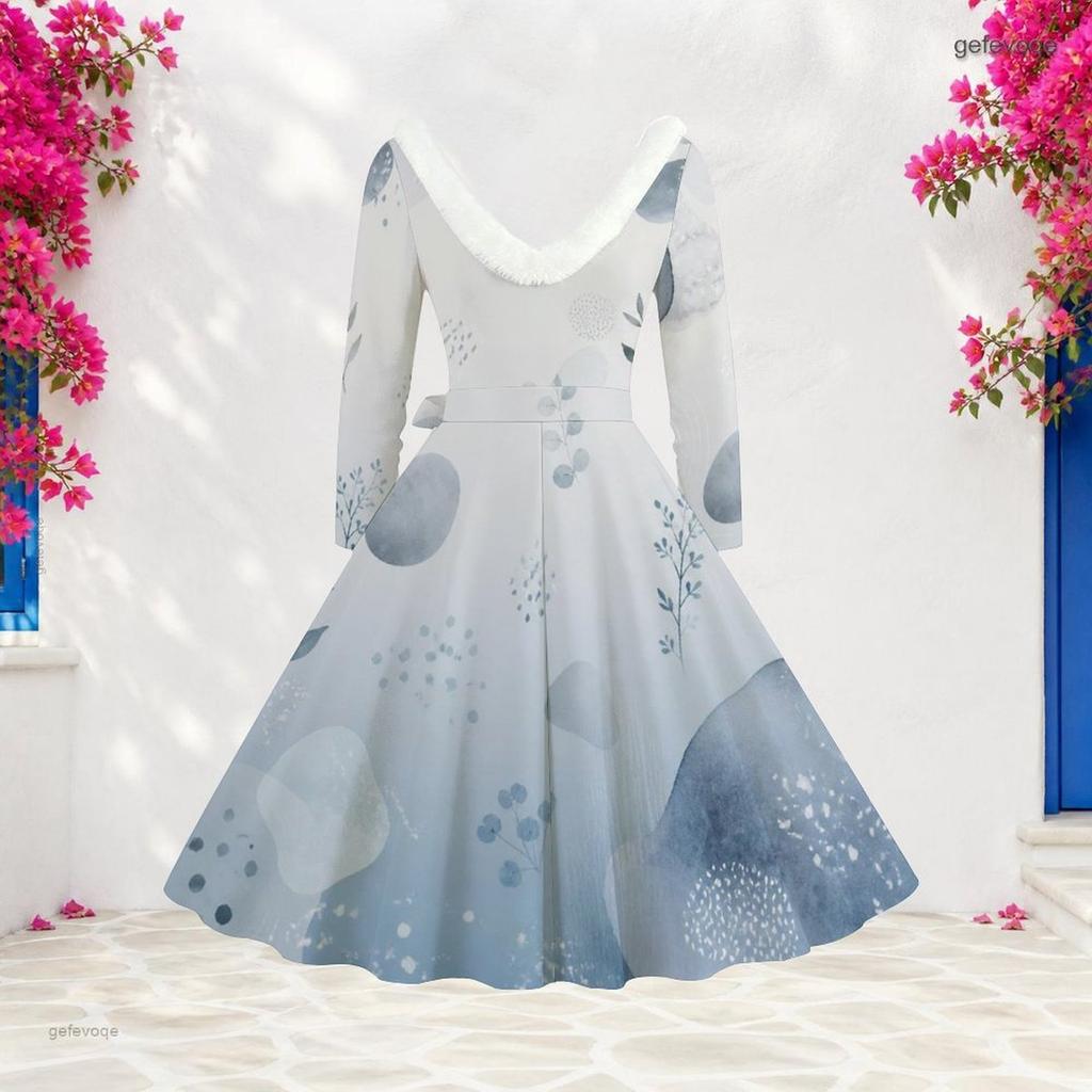 Women Plus Size V Neck Furry Trim Long Sleeve Self Tie Belt Abstract Print Gradient Blue Dress