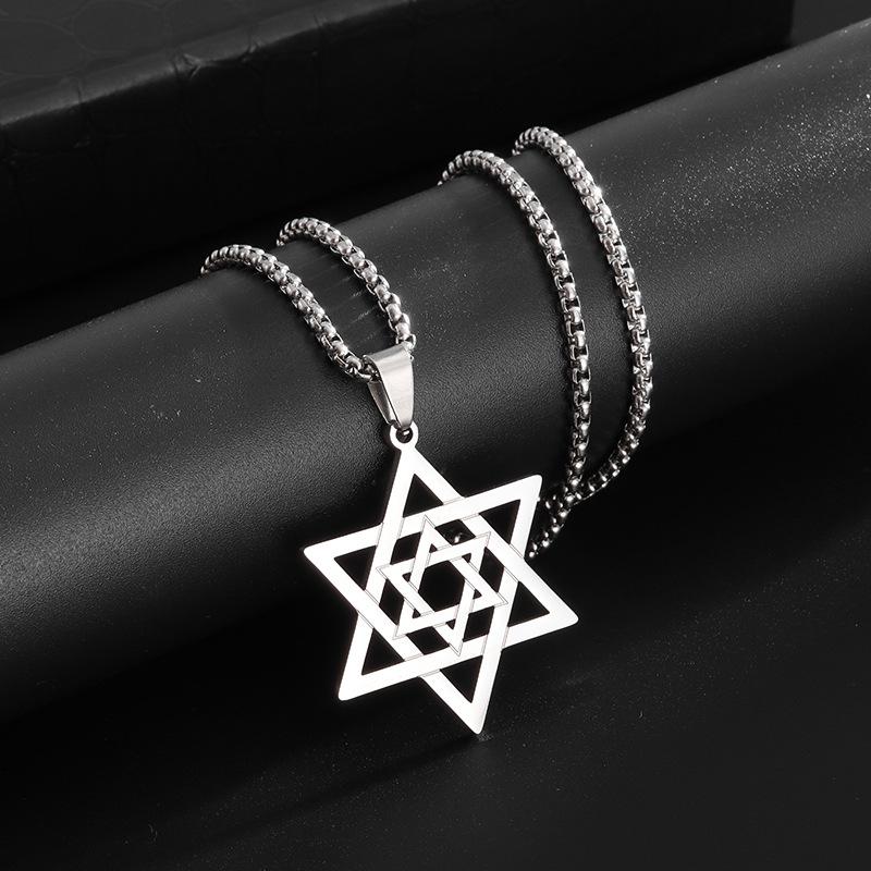 David Shield Hexagon Pendant Necklace Mens Fashion Stainless Steel Cuban Chain Necklace Religious Jewelry