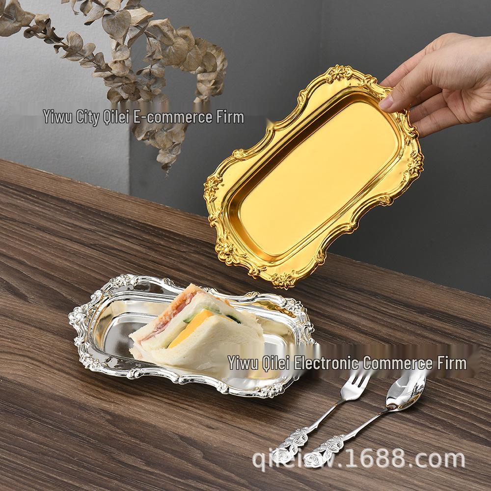 Luxury Metal Tray with Gold Edge for Snacks, Fruit, Dessert, and Cake - Rectangular Display and Storage Plate